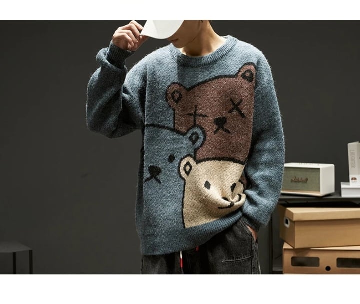 Cute Cartoon Bear Oversized Sweater Long Sleeve Knit Pullover Winter Aesthetic Casual E-Girl Kawaii Korean Japanese Harajuku