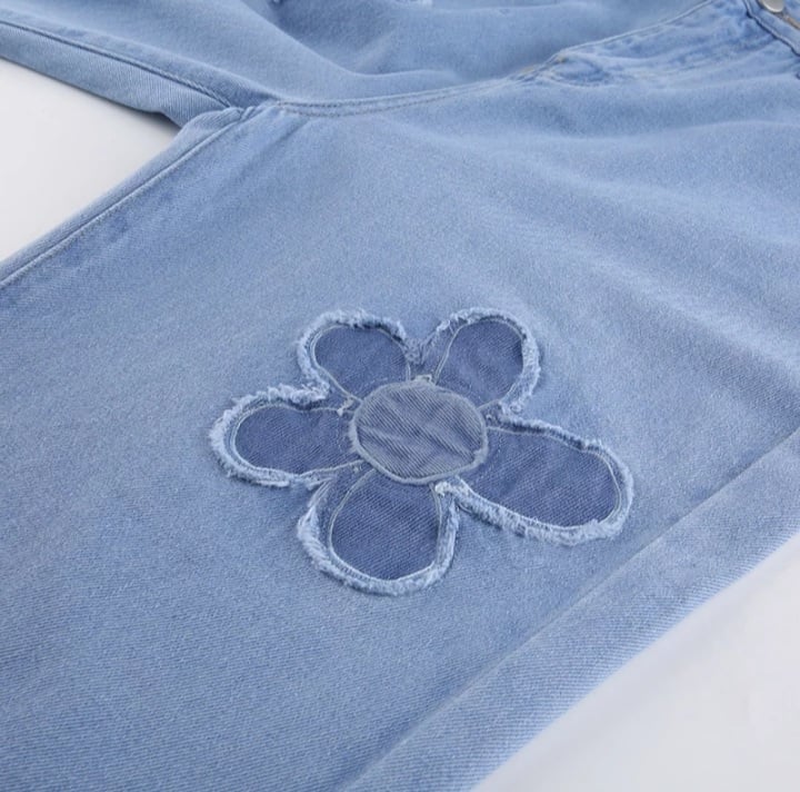 Cute Vintage Floral Patchwork Blue Denim High Waisted Jeans Pants Trouser Aesthetic Casual Summer E-Girl Kawaii Korean Japanese Harajuku