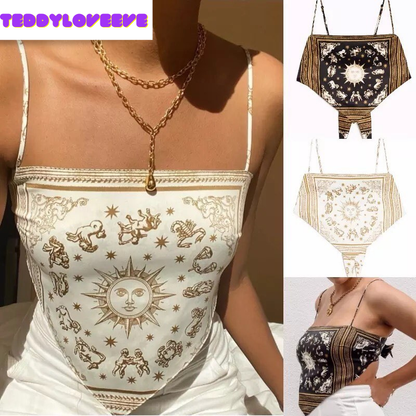 Sexy Sun Moon Zodiac Backless Camisole Lace Up Spaghetti Strap Tank Top Asymmetrical Print Aesthetic E-Girl Kawaii Korean Japanese Harajuku Streetwear