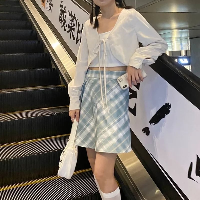 Cute Sweet White Lace Up Loose Cropped Long Sleeve Shirt Cardigan Pullover Aesthetic Casual Summer E-Girl Kawaii Korean Japanese Harajuku