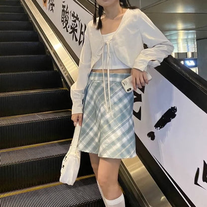 Cute Sweet White Lace Up Loose Cropped Long Sleeve Shirt Cardigan Pullover Aesthetic Casual Summer E-Girl Kawaii Korean Japanese Harajuku
