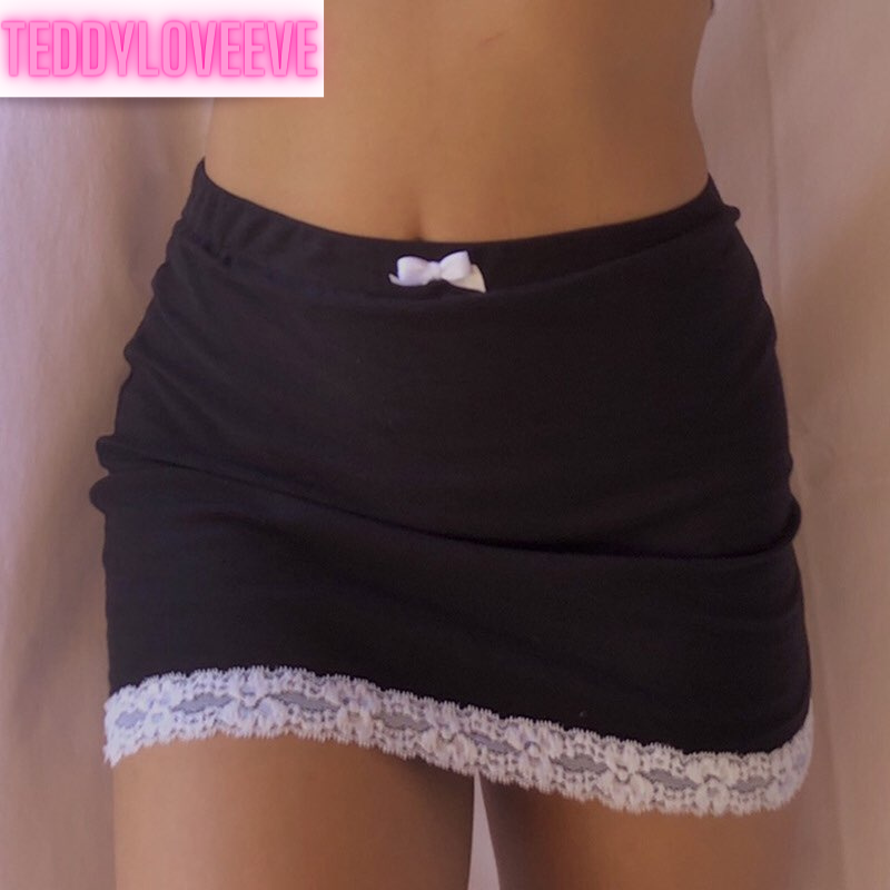 Cute Sexy 90s Vintage Sweet Bow Lace Trim Solid Black High Waisted Mini Skirt Bottoms Aesthetic Goth E-Girl Kawaii Korean Japanese Harajuku Streetwear