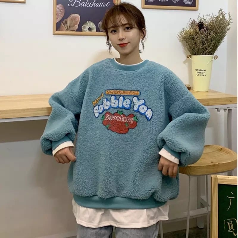 Strawberry Bubblegum Print Warm Fuzzy Fleece Hoodie Sweatshirt Sweater Long Sleeve Pullover E-Girl Kawaii Korean Japanese Harajuku Streetwear
