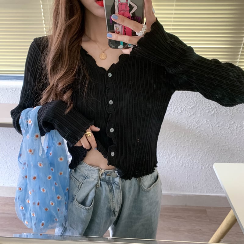 Cute V Neck Knit Casual Thin Sweater Cardigan Shirt Tee T-shirt E-Girl Kawaii Korean Japanese Harajuku Chinese Retro Streetwear