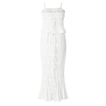 2PCS White Ruffle Camisole + High Waist Long Skirt