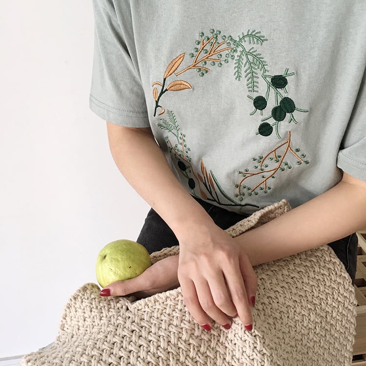 Cute Flower Plant Print Embroidery Shirt T-shirt Tee Top Kawaii Korean Japanese Harajuku Chinese Retro Streetwear Aesthetic Fashion