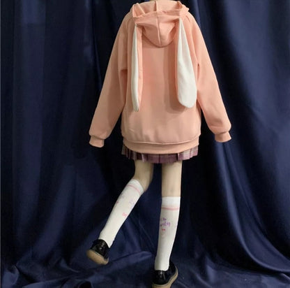 Cute Rabbit Ears Embroidery Loose Long Sleeve Sweatshirt Zip Up Hoodie Aesthetic Casual E-Girl Kawaii Korean Japanese Harajuku