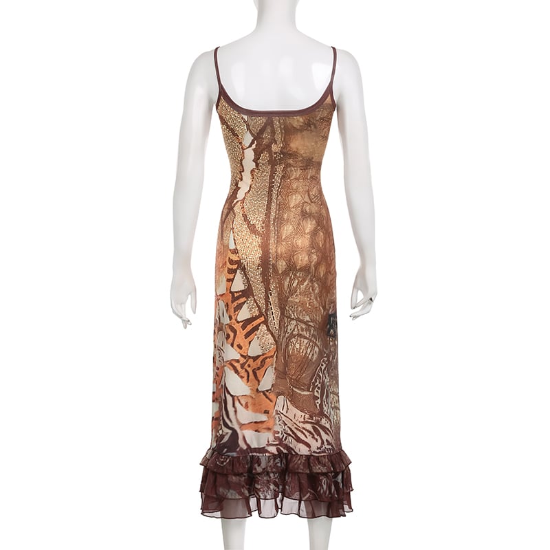 Retro Brown Lace V Neck Maxi Dress