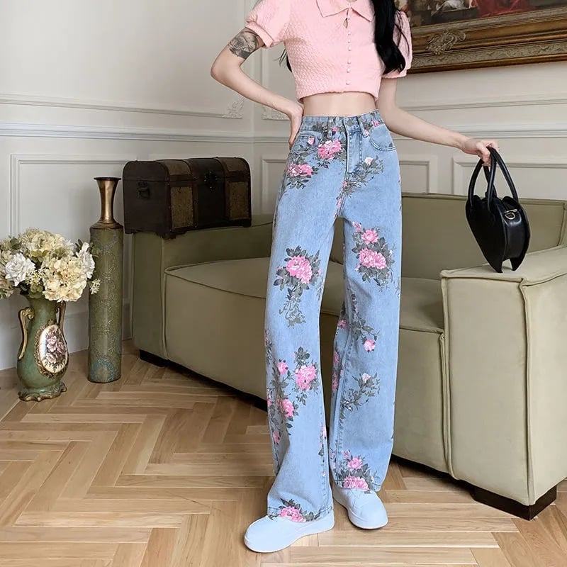 Flower Print Blue Denim Jeans