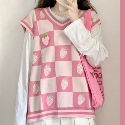 Pink Strawberry Plaid Sweater Vest