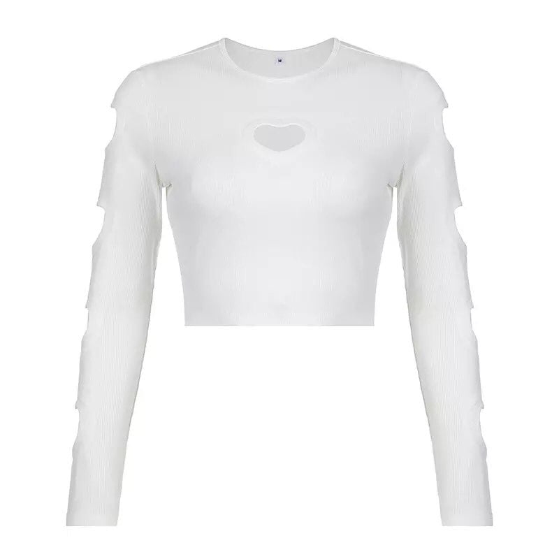 Heart Cut Out Retro White Long Sleeve T-shirt Crop Top Streetwear Summer Aesthetic Casual E-Girl Kawaii Korean Japanese Harajuku