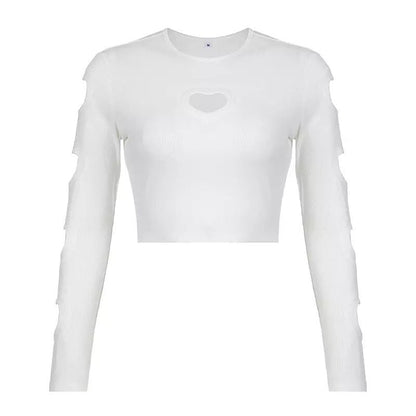 Heart Cut Out Retro White Long Sleeve T-shirt Crop Top Streetwear Summer Aesthetic Casual E-Girl Kawaii Korean Japanese Harajuku