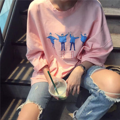 Cute People Kpop Letter Print Graphic Casual Oversized Short Sleeve Tee Shirt T-shirt Top E-Girl Kawaii Korean Japanese Harajuku Streetwear