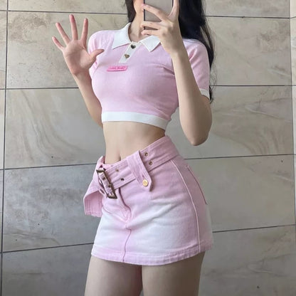 Pink Denim Low Waist Belt A-Line Skirt