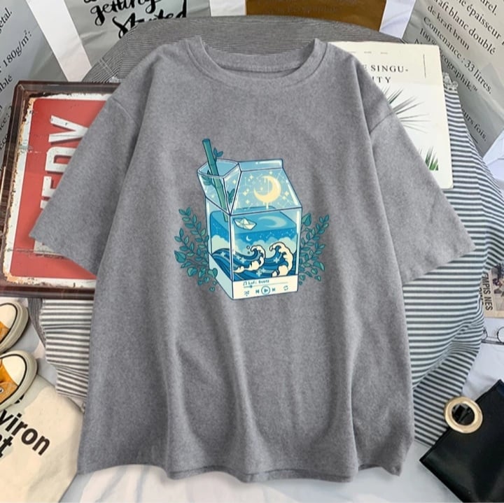 Cute Milk Box Moonlight Waves Print Crewneck Oversized Short Sleeve Shirt Aesthetic Casual E-Girl Kawaii Korean Japanese Harajuku