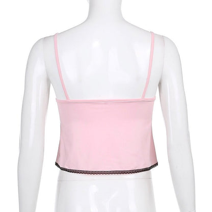 Cute 90s Light Pink Lace Sleeveless Ruffle Frill Tie Up Crop Top Camisole Tank Shirt Summer Party E-Girl Kawaii Korean Japanese Harajuku Streetwear