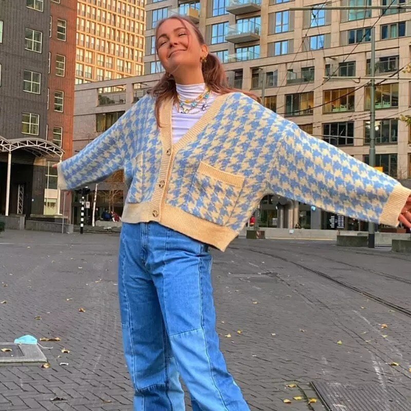Cute Vintage Plaid Button Cardigan V Neck Knit Cropped Long Sleeve Shirt Sweater Pullover Aesthetic E-Girl Kawaii Korean Japanese Harajuku Streetwear