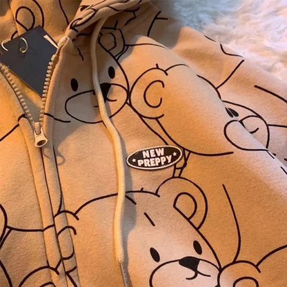 Cute Teddy Brown Bear Oversized Hoodie Zip Up Sweatshirt Sweater Long Sleeve Jumper Pullover E-Girl Kawaii Korean Japanese Harajuku Streetwear