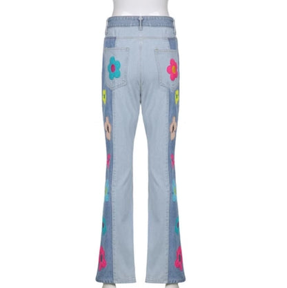 Cute Vintage Flower Patchwork High Waisted Denim Jean Trouser Pants Indie Punk Aesthetic Casual Summer E-Girl Kawaii Korean Japanese Harajuku