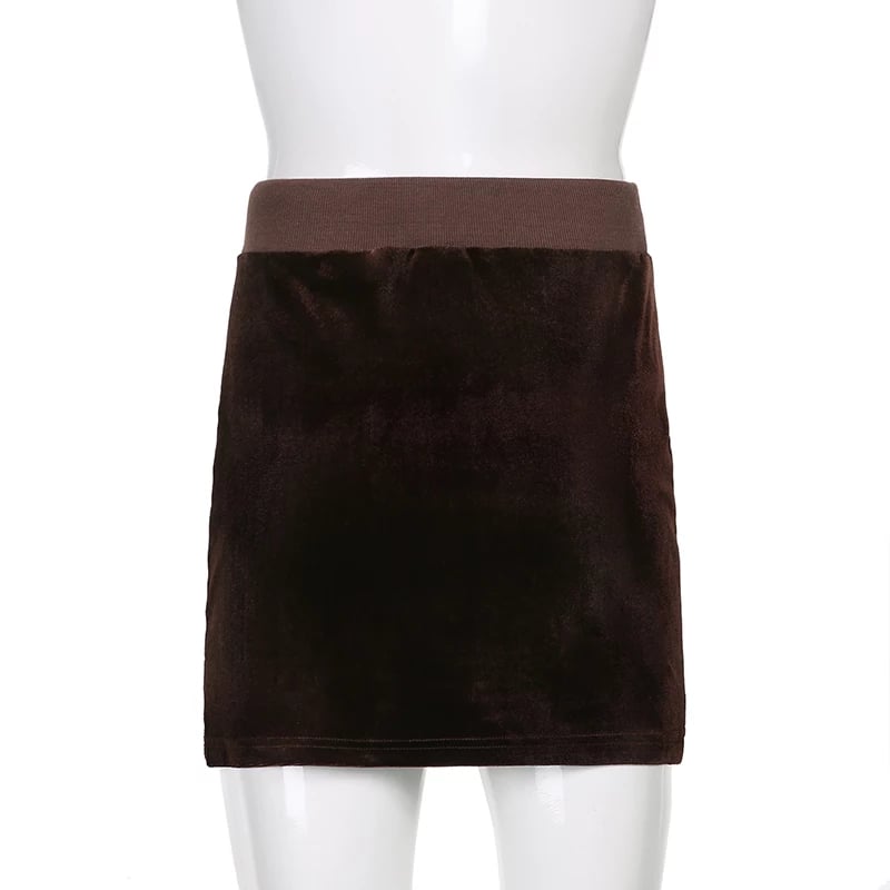 Cute Sexy Brown Rhinestone Crystal Heart Velvet Slit Low Waisted Mini Skirt Bottoms Aesthetic Casual Summer E-Girl Kawaii Korean Japanese Harajuku