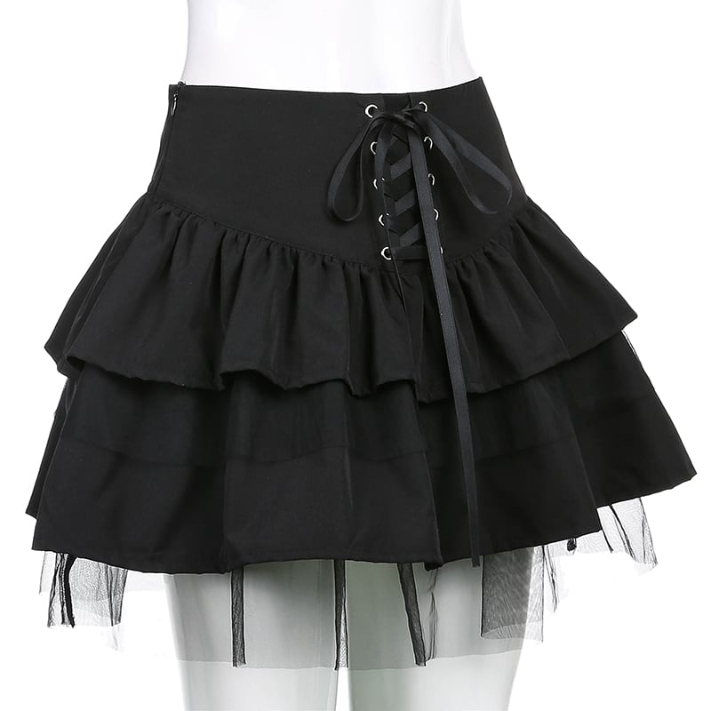 Cute Black Goth Lace Up High Waisted Ruffle Skirt Punk Bandage A-line Lace Trim Tutu Casual E-Girl Kawaii Korean Japanese Harajuku Streetwear