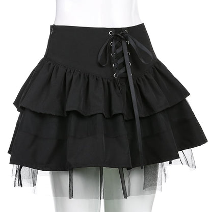 Cute Black Goth Lace Up High Waisted Ruffle Skirt Punk Bandage A-line Lace Trim Tutu Casual E-Girl Kawaii Korean Japanese Harajuku Streetwear