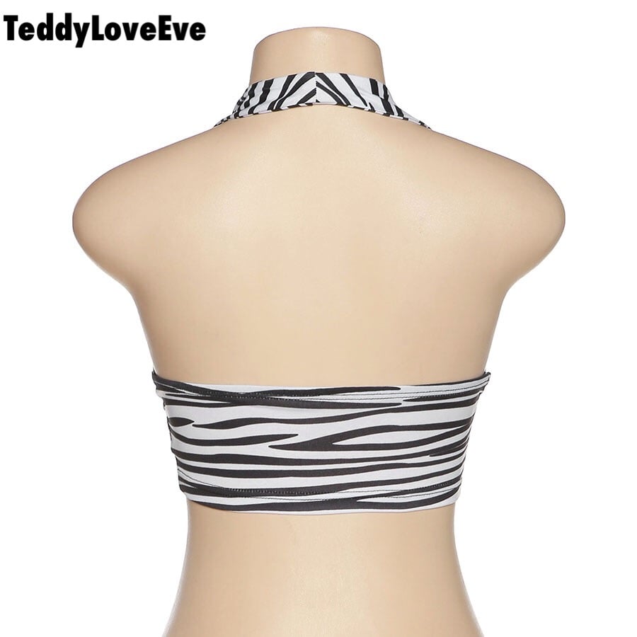 Cute Sexy Zebra Animal Print Sleeveless Halter Crop Top Shirt Tee T-shirt E-Girl Kawaii Korean Japanese Harajuku Chinese Retro Streetwear Aesthetic
