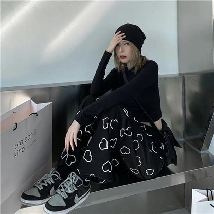 Black Heart Print High Waist Pants