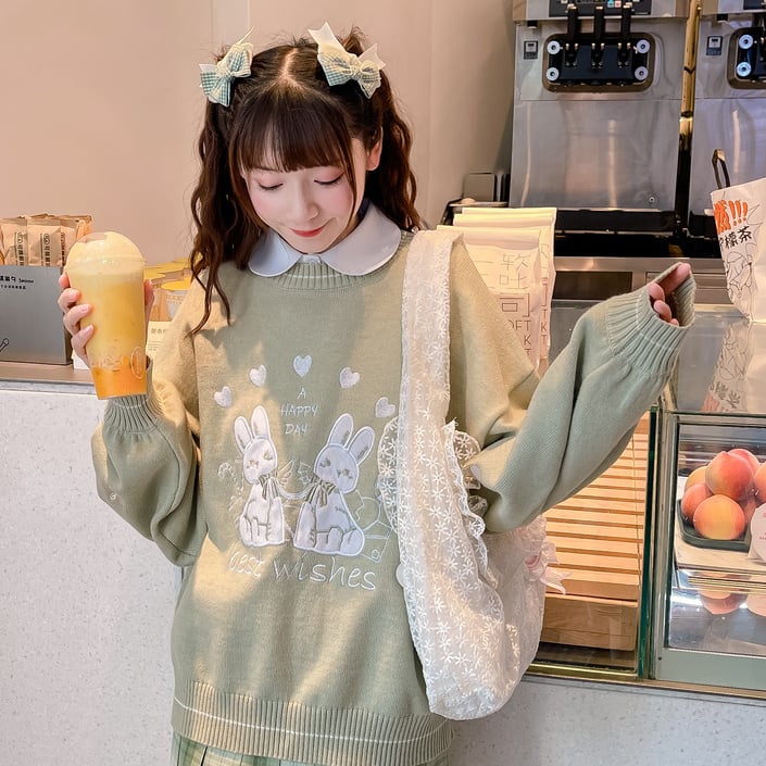 Green Rabbit Knit Long Sleeve Sweater