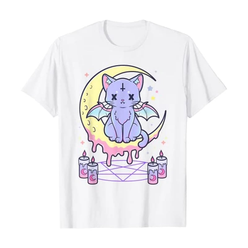 Cute Pastel Black Cat Witch Magic Moon Print Short Sleeve T-shirt Goth Punk Aesthetic Casual E-Girl Kawaii Korean Japanese Harajuku