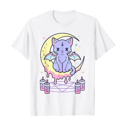 Cute Pastel Black Cat Witch Magic Moon Print Short Sleeve T-shirt Goth Punk Aesthetic Casual E-Girl Kawaii Korean Japanese Harajuku