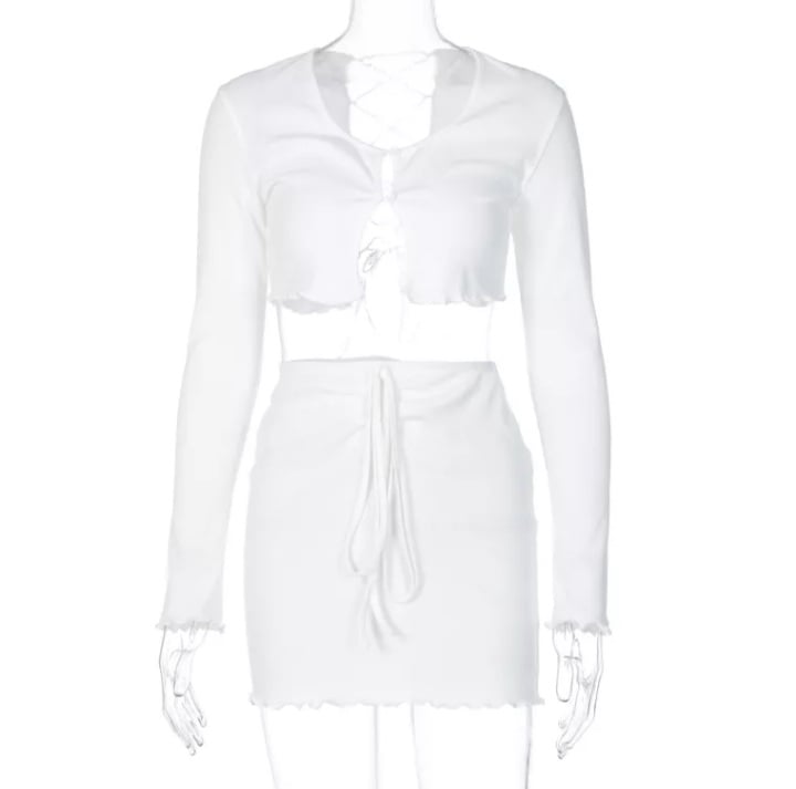 Cute 2pcs Set Ribbed Lace Up Hollow Out Crop Top Cardigan + Mini Skirt Bodycon Summer Aesthetic Casual E-Girl Kawaii Korean Japanese Harajuku