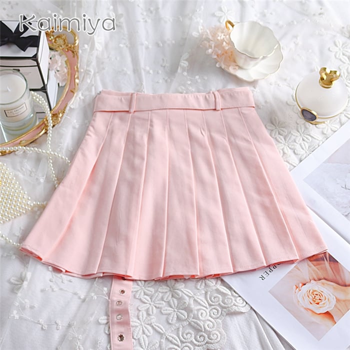 Cute Preppy Summer Pleated Heart Shape Belt High Waist Mini Skirt Bottom E-Girl Kawaii Korean Japanese Harajuku Chinese Retro Streetwear Aesthetic