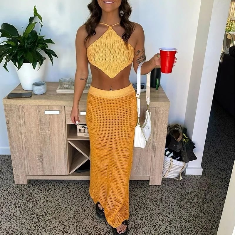 Orange Knit Beach Knit Pencil Skirt