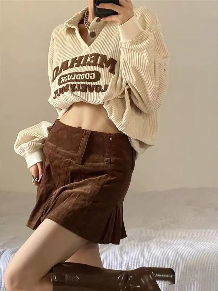 Beige Embroidery Polo Collar Embroidery Oversized Long Sleeve Shirt