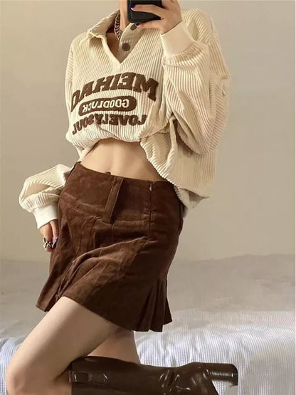 Beige Embroidery Polo Collar Embroidery Oversized Long Sleeve Shirt