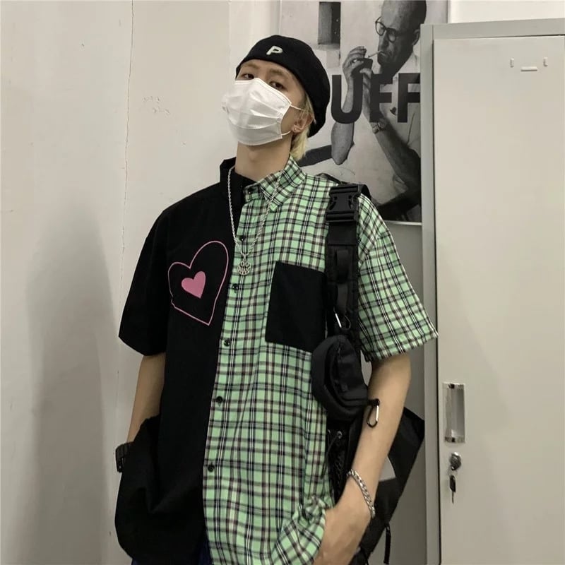 Cute Heart Pocket Plaid Patchwork Vintage Blouse Short Sleeve T- Shirt Top Aesthetic Casual Summer E-Girl Kawaii Korean Japanese Harajuku
