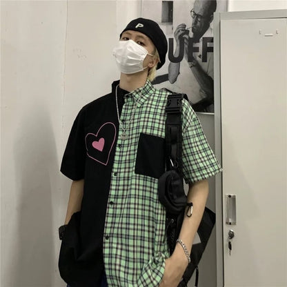 Cute Heart Pocket Plaid Patchwork Vintage Blouse Short Sleeve T- Shirt Top Aesthetic Casual Summer E-Girl Kawaii Korean Japanese Harajuku