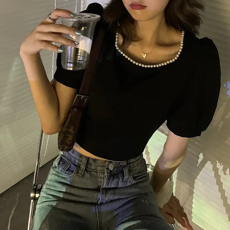 Black Pearl Lace Up Backless Puff Sleeve Blouse