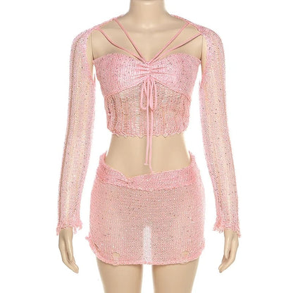 2PCS Pink Sequin See Through Hollow Out Top + Skirt Set