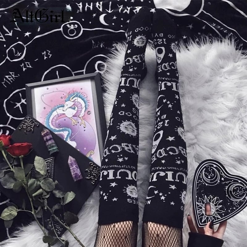 Cute Black Ouija Board Magic Star Moon Print Socks Punk Goth Aesthetic Casual E-Girl Kawaii Korean Japanese Harajuku