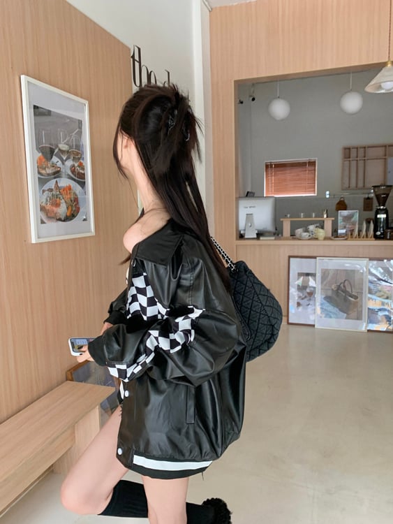 Black PU Leather Checkboard Loose Jacket