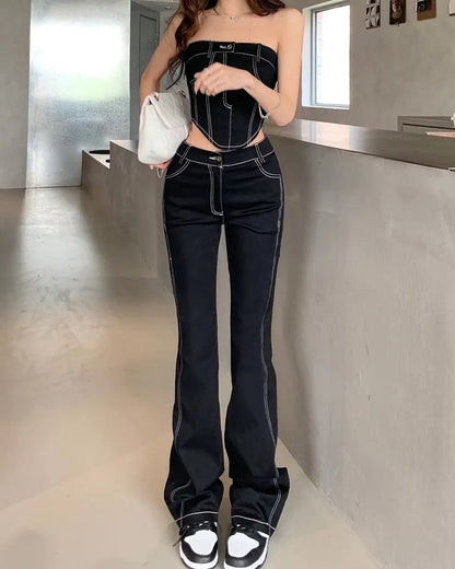 2PCS Black Denim Corset + Straight Flare Jeans