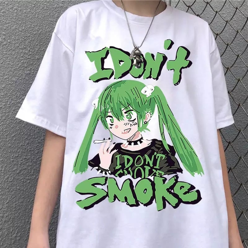 Anime Girl Smoke Cartoon Print Loose Oversized Short Sleeve T-shirt Top Summer Causal Goth Punk E-Girl Kawaii Korean Japanese Harajuku Streetwear