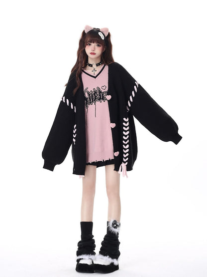 Preppy Heart Bandage V Neck Sweater