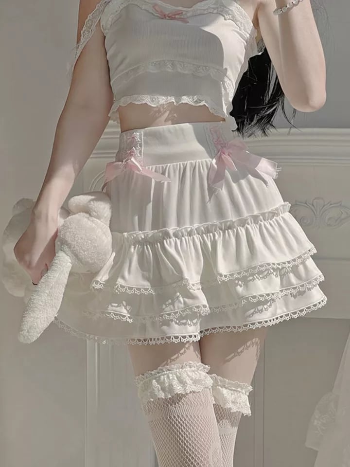 White Ruffle A-Line Bow Mini Skirt