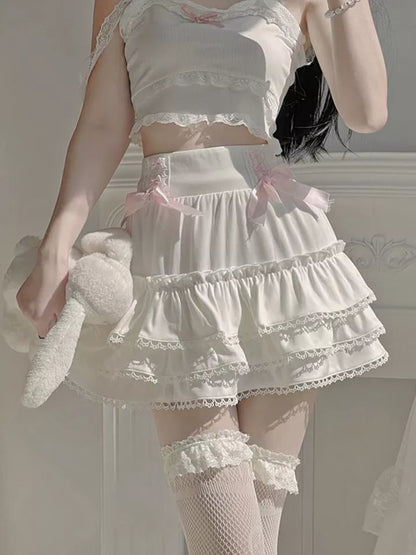 White Ruffle A-Line Bow Mini Skirt