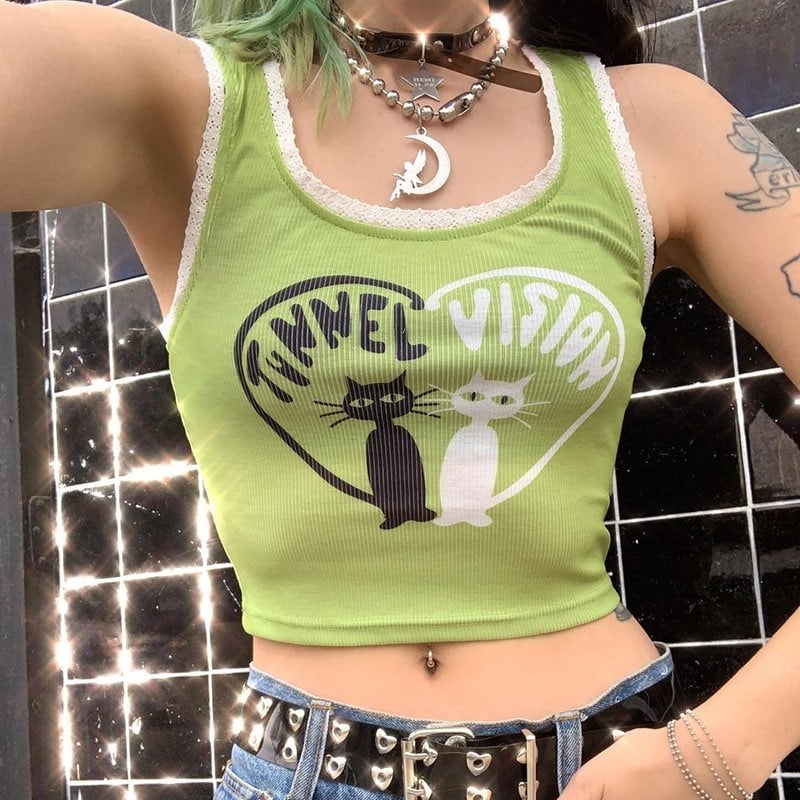 Cute Graphic Cartoon Print Retro Aesthetic Sleeveless Shirt Crop Top Tank Rib Knit Goth Punk Casual E-Girl Kawaii Korean Japanese Harajuku Streetwear