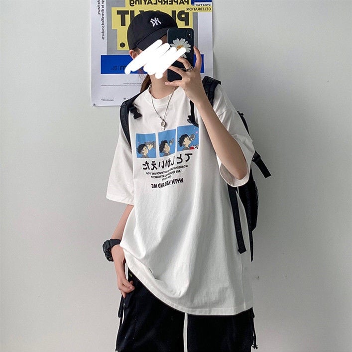 Cute Anime Boy Print Cartoon Oversized Loose Short Sleeve Shirt T-shirt Top Tee Summer Casual E-Girl Kawaii Korean Japanese Harajuku Streetwear