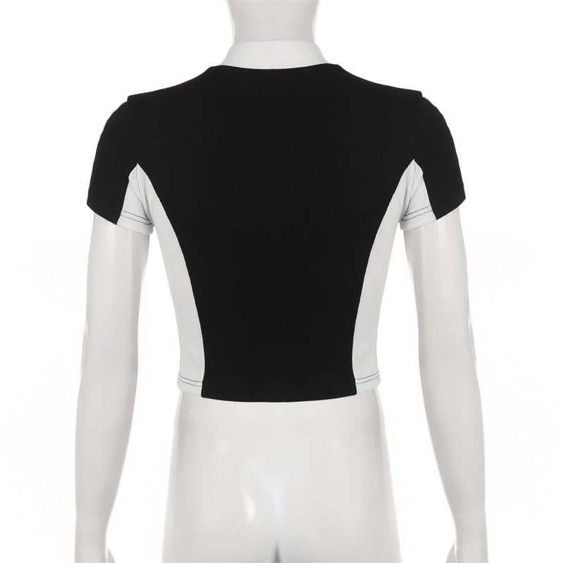 Retro Zipper Patchwork Crop Top